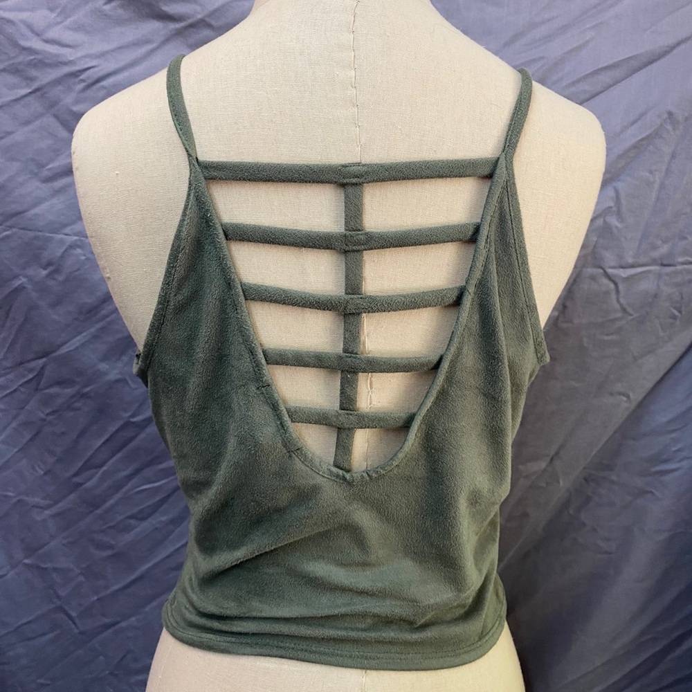 Green Suede Ribbed Open Back Tank Top - Picture 2 of 2